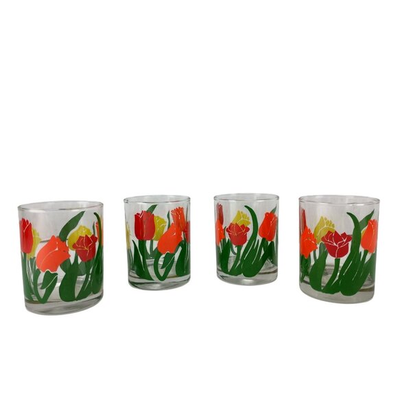 Set Of 4 Vtg Retro Anchor Hocking Lowball Rocks Glasses with Multicolor Tulip - Picture 3 of 7